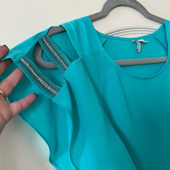 EST. 1946 Teal Polyester Flowy Short Sleeve Blouse Women’s Size Medium - Picture 8 of 13